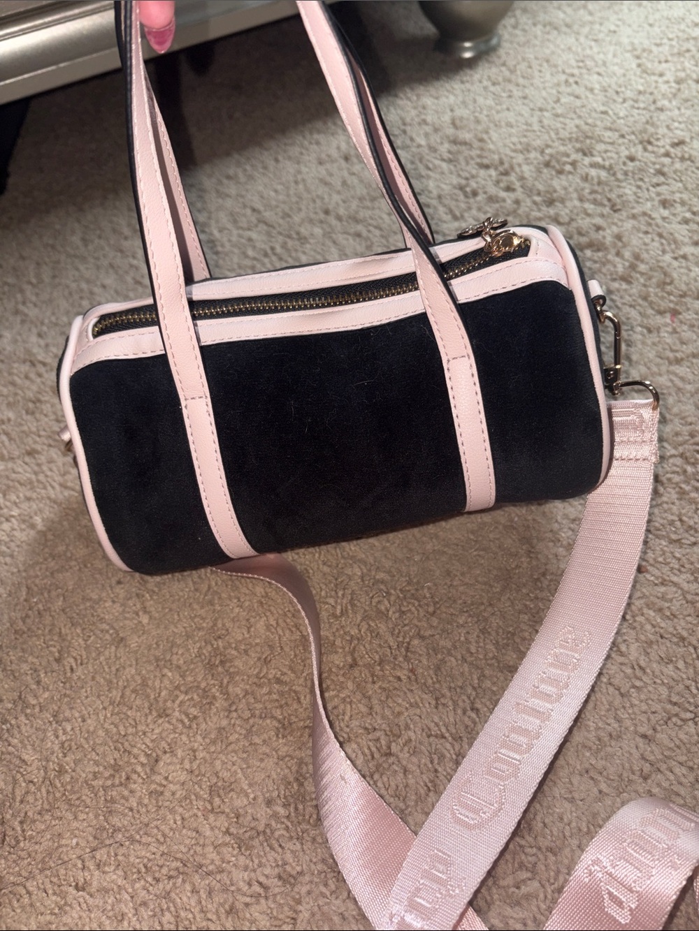 Juicy Couture Black Velvet Mini Barrel Bag with Pink Trim - Picture 4 of 5